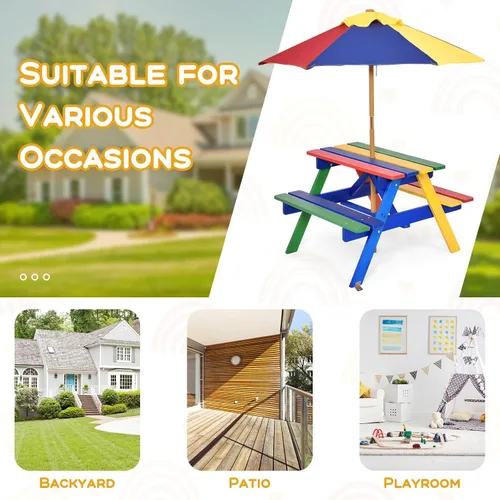 Vista 7 de Costzon Mesa de picnic para niños, mesa y sillas de madera de abeto para exteriores con paraguas extraíble, mesa de picnic para niños pequeños