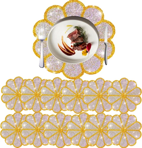 Vista 29 de Juego de 1 mantel individual redondo en negro, manteles individuales brillantes resistentes al calor, lavables, para cena, cocina, boda, decorativos