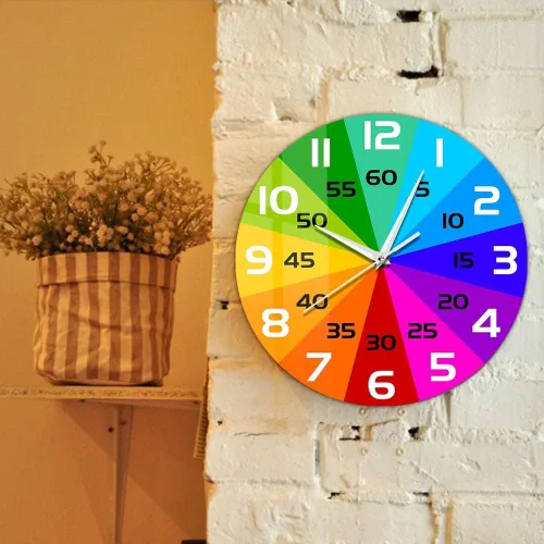 Vista 4 de Reloj de pared educativo con ruedas de color arcoíris de 15 pulgadas, para enseñar la hora y aprender a decir la hora, silencioso, sin tictac
