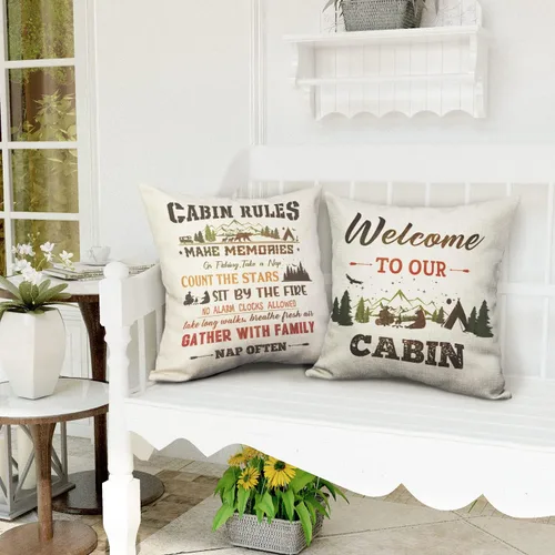 Vista 7 de Juego de 2 fundas de almohada decorativas retro con reglas de cabaña para sofá del hogar, 18 x 18 pulgadas