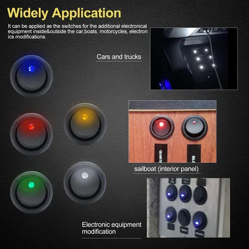 Vista 4 de Twidec /8 unids SPST Punto redondo iluminado interruptor basculante Control de palanca para coche o barco 20A 12V DC On/Off luz LED azul con cables