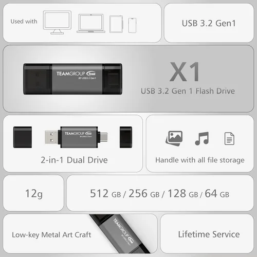 Vista 8 de TEAMGROUP X1 64GB USB 100MB/s 3.2 Gen 1 Tipo A y Tipo C (3.1/3.0) OTG Memoria USB de interfaz dual Compatible