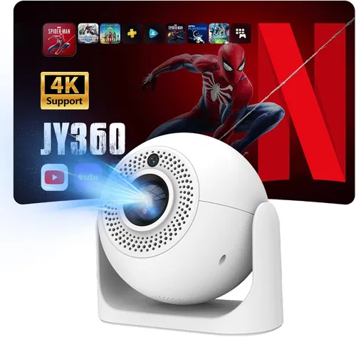 Vista 8 de Proyector portátil KTV JY320, mini proyector compatible con 4K con 2 micrófonos inalámbricos, WiFi6, Bluetooth, giratorio de 180°, proyector de cine
