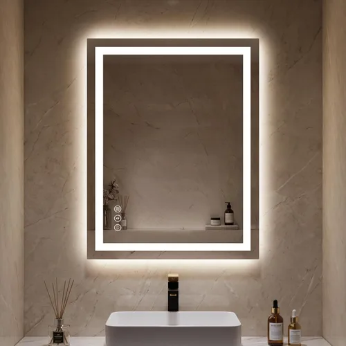 Vista 11 de Espejo de baño LED de 24x32'' con luz, marco de aluminio, regulable frontal y retroiluminado, antivaho, sin distorsión, memoria de luz, templado e