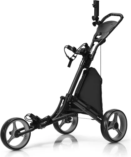 Vista 9 de Tangkula Carrito de golf de empuje, carrito de empuje plegable de aluminio ligero de 3 ruedas, carrito de golf con correa elástica, paraguas y Gris