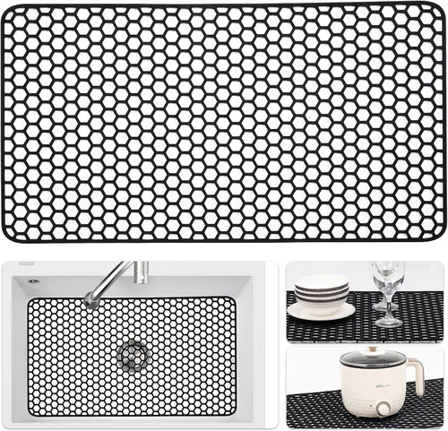 Vista 56 de Bestjing Paquete de 2 protectores de silicona para fregadero de cocina, accesorio de rejilla de cocina de 12 x 11 pulgadas, tapete antideslizante