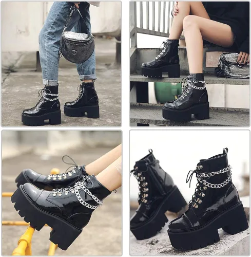 Vista 3 de CYNLLIO - Botas estilo combate de moda al tobillo de mujer, plataforma en bloque con cordones y tachas, botas de motocicleta a mitad