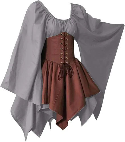 Vista 5 de Attine Disfraz retro medieval para mujer, vestido gótico vikingo irlandés, vestido de cosplay de elfo, vestido victoriano con mangas de trompeta