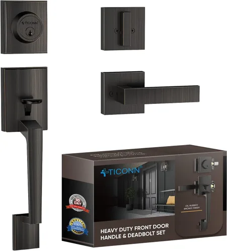 Vista 13 de TICONN Juego de manijas para puerta delantera doble, palanca de puerta cuadrada de servicio pesado y combo de cerrojo de cilindro único para puertas