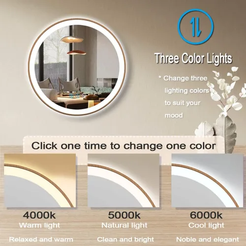 Vista 4 de Espejo de baño LED redondo con marco de madera con luces de 20 pulgadas, espejo de pared iluminado, 3 colores regulables, antiniebla, espejo 20.0 in