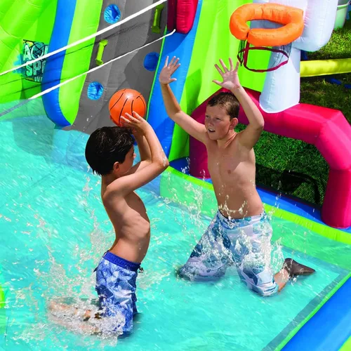 Vista 7 de BANZAI Parque acuático inflable con tobogán y piscina 180 x 156 x 96 pulgadas, vinilo Dura-Tech, pared de escalada, aro de baloncesto y porterías
