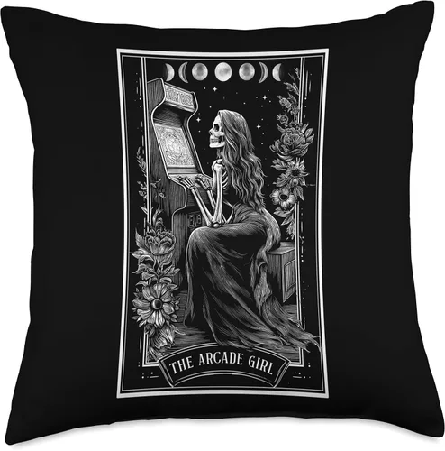 Vista 4 de The Arcade Girl Retro Arcade Gaming 80s Tarot Card Skeleton Throw Pillow
