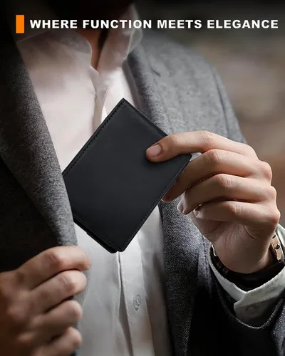 Vista 58 de Billetera AirTag para hombre, de piel auténtica plegable con bloqueo Rfid AirTag con ranuras para efectivo y ventana de identificación, compatible