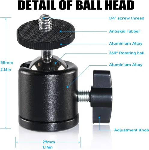 Vista 3 de EXMAX Mini cabeza esférica de aleación de aluminio de 360 grados giratoria Mini trípode con adaptador de tornillo de 3/8 a 1/4 pulgadas para cámara