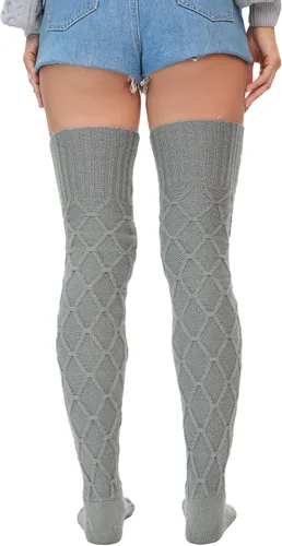 Vista 5 de YELAIVP Calcetines altos de punto trenzado para mujer, calcetines por encima de la rodilla, calentadores de piernas extra largos