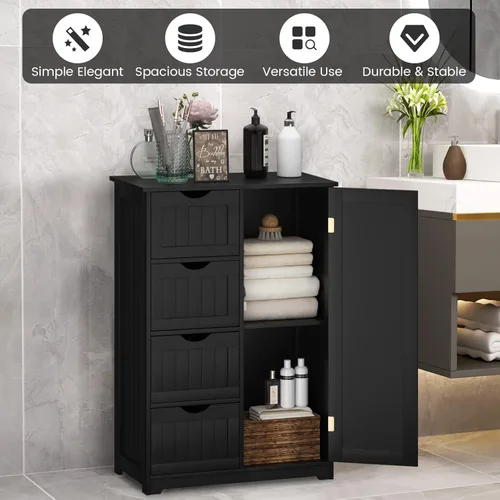 Vista 9 de COSTWAY Armario de almacenamiento de baño, organizador de almacenamiento de madera con 4 cajones profundos y estante ajustable, gabinete de piso