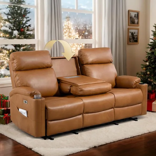 Vista 9 de Sofá reclinable eléctrico – Sofá reclinable de 3 plazas, sofá de piel sintética, asiento de cine en casa con respaldo medio abatible, sofá
