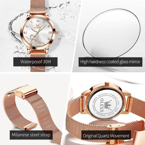 Vista 7 de OLEVS Relojes de mujer de cuarzo japonés de oro rosa para mujer, impermeables, de acero inoxidable, casual, para mujer
