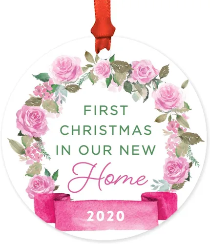 Vista 71 de Andaz Press Adorno de Navidad de madera grabado con láser para aniversario de boda, 1 año juntos, Navidad 2025, pancarta de flores rosas, 1 paquete