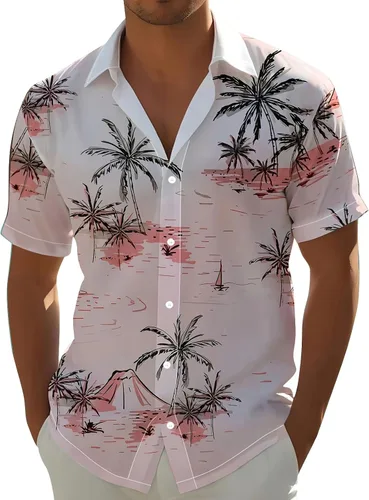 Vista 8 de Camisa hawaiana para hombre, con botones, manga corta, casual, elegante, grande y alta, floral, verano, tropical, para vacaciones