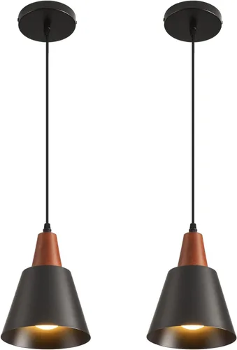 Vista 3 de Paquete de 2 luces colgantes, luces colgantes negras para isla de cocina, cúpula de madera, luces colgantes industriales minimalistas para isla