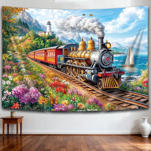 Vista 15 de Tapiz de Tren de Vapor, Tapices de Paisaje Otoñal de Tren de Motor Antiguo Decoración para Niños, Tapices de Arte de Acuarela de Bosque de Montaña