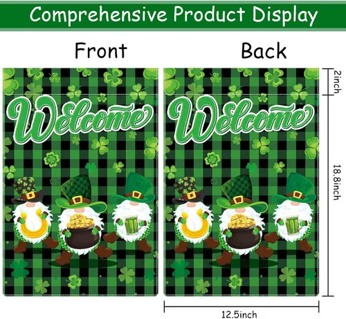 Vista 3 de 2 banderas de jardín del Día de San Patricio de 18 x 12 pulgadas, bandera de bienvenida del día de San Patricio, gnomo irlandés de trébol, bandera