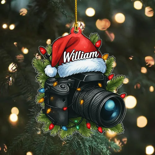 Vista 3 de Adorno de fotógrafo personalizado 2025, adorno de cámara con nombre, decoración de árbol para amantes de la fotografía, recuerdo único de vacaciones
