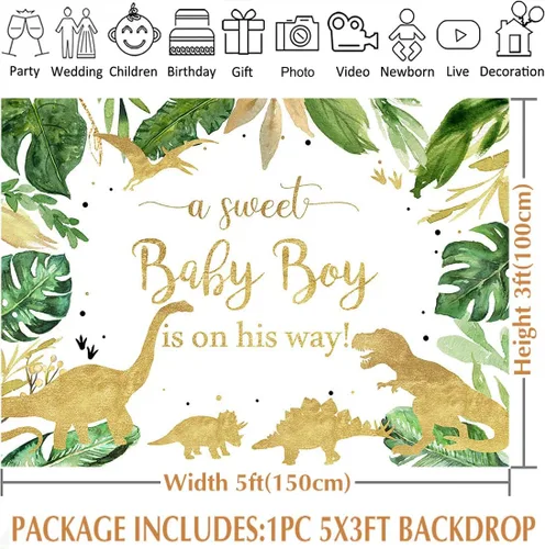 Vista 3 de Avezano Telón de fondo de dinosaurio para baby shower para niño, tema de dinosaurio, rugido, es un niño, fondo de fiesta de bienvenida para bebé