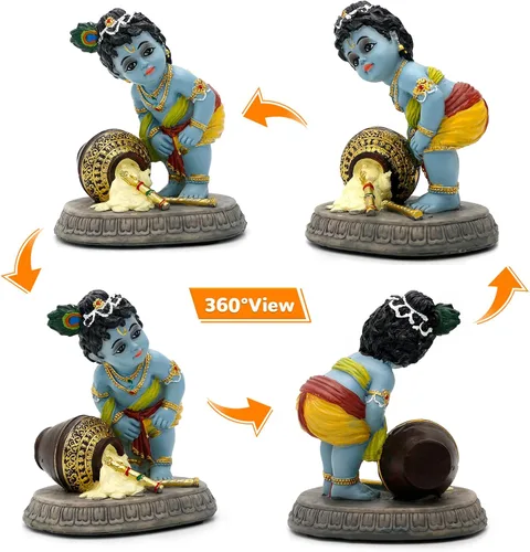 Vista 4 de Estatua de ídolo hindú de Krishna – 3.7 pulgadas de alto pequeño ladrón de mantequilla Makhan para decoración de tablero de automóvil, regalo