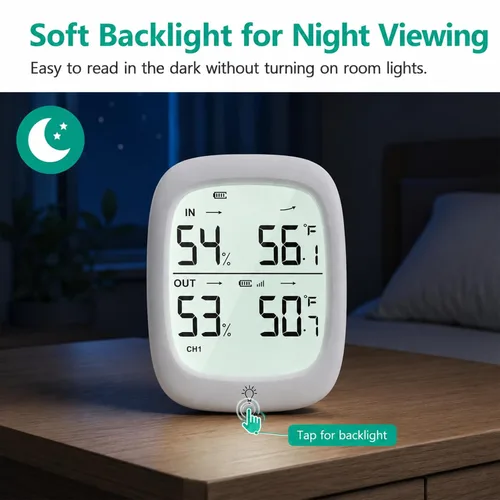 Vista 7 de RUIKORING Wireless Indoor Outdoor Thermometer Hygrometer, 330 ft Sensor High Accuracy Digital Temperature Humidity Monitor, Large Backlit Display