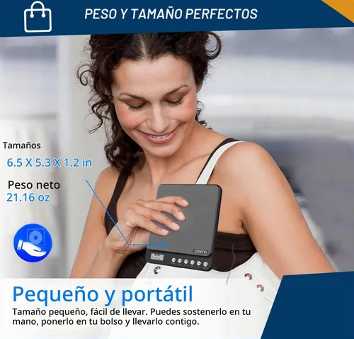 Vista 4 de Reproductor de CD portátil con Bluetooth y transmisor FM, reproductores de CD Bluetooth recargables de 2000 mAh con altavoces, conector