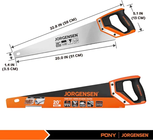 Vista 2 de JORGENSEN Sierra de mano Pro de 20 pulgadas, 11 TPI de corte fino ergonómica con mango de aluminio no deslizante por soldadura ultrasónica