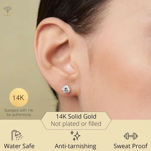 Vista 2 de Aretes de oro de 14 quilates para mujeres y hombres con cristal redondo genuino, aretes de circonita cúbica con dorso de oro 0.5-3.0 quilates por