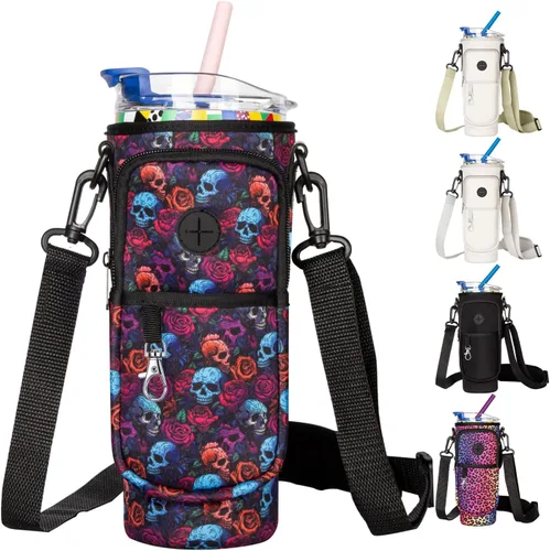 Vista 7 de Soporte para botella de agua con correa para vaso Stanley de 40 onzas con asa, bolsa para botella de agua con bolsillo para teléfono, bolsillo