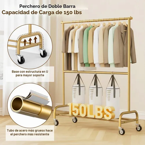 Vista 2 de MISSLO Perchero resistente para ropa con ruedas, para colgar ropa, para abrigo, vestuario, dorado (doble barra)