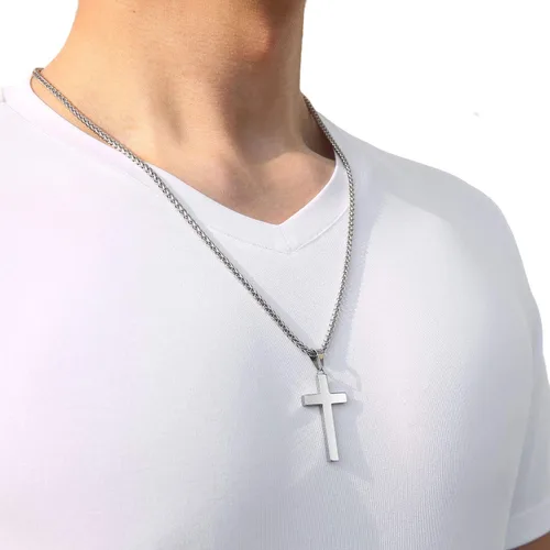 Vista 3 de P. BLAKE Collar con colgante de cruz de acero inoxidable para hombres y niños, colgante de cruz cristiana con cadena de 24 pulgadas
