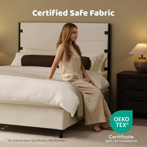 Vista 6 de Recci Base de cama tapizada de tamaño matrimonial con cabecero alto con Chenille beige