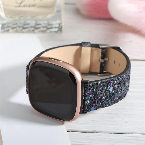 Vista 2 de Correa brillante compatible con Fitbit Versa 4/Fitbit Versa 3/Fitbit Sense 2/Sense Bandas Mujer Bling Glitter Correa de Cuero Accesorio de Correa