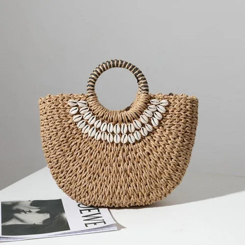 Vista 7 de Buric Bolso de hombro de paja para mujer hecho a mano tejido de ratán bolso de hombro para mujer bolso de hombro con asa superior bolso bohemio