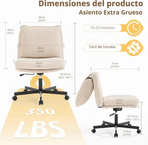 Vista 2 de Fizzin Cross Cross - Silla de espuma viscoelástica sin brazos con ruedas para oficina en casa, color beige