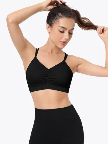 Vista 2 de VEQKING Brasier deportivo fruncido para mujer, brasier de entrenamiento con espalda cruzada, acolchado y sin costuras, bralette de yoga