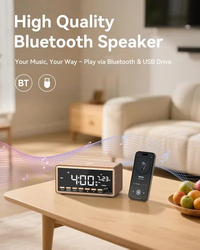 Vista 6 de Radio despertador digital para dormitorios, radio FM y máquina de sonido de ruido blanco con temporizador, altavoz Bluetooth, reloj despertador dual
