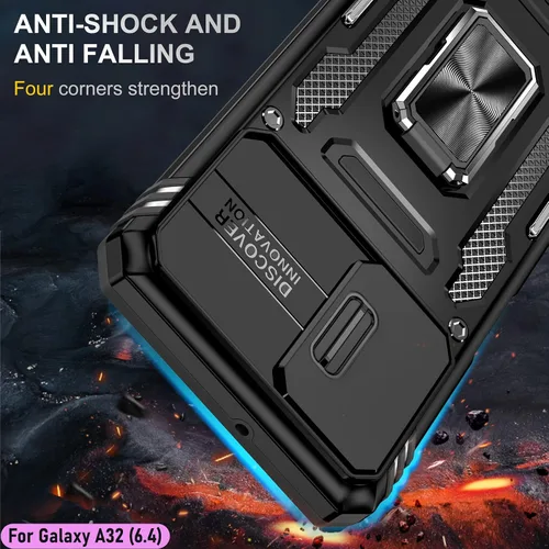 Vista 7 de Funda resistente para Samsung Galaxy A32 (4G), protector híbrido de goma de doble capa de grado militar con protector de cámara deslizante, soporte