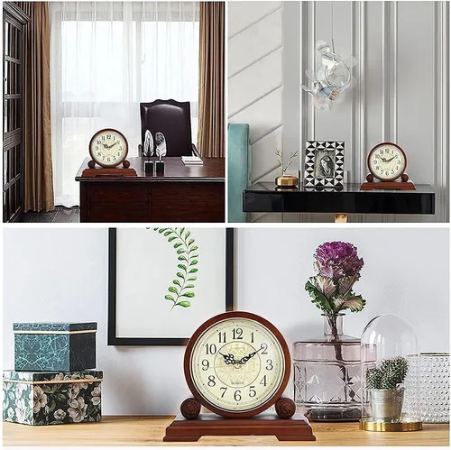 Vista 2 de Reloj de estante de madera para decoración de sala de estar, silencioso, decorativo, de madera maciza, funciona con pilas, para repisa, oficina