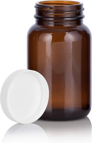 Vista 9 de JUVITUS Botella empacadora de boca ancha de vidrio ámbar de 5 onzas con tapa acanalada blanca (paquete de 6)