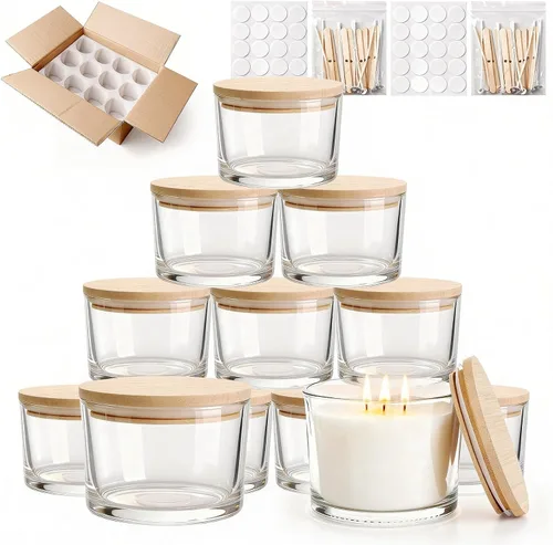 Vista 20 de Tarros de vela de vidrio de 4 onzas, paquete de 12 tarros pequeños para hacer velas, tarros vacíos de vidrio grueso de boca ancha con tapas de bambú