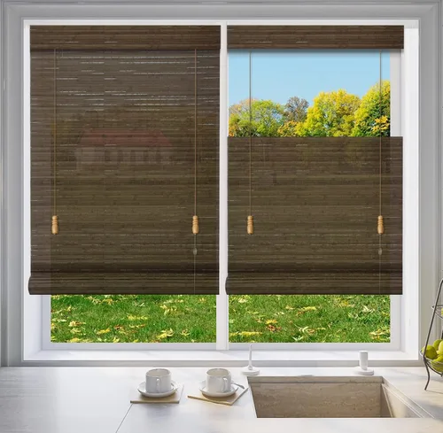 Vista 9 de LETAU Cortinas romanas de bambú para ventana, de arriba hacia abajo, abajo hacia arriba, de madera, filtrado de luz de bambú, patrón 1
