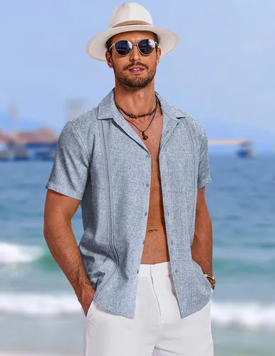Vista 4 de COOFANDY Camisas de guayabera cubana para hombre, camisas de playa de verano, camisas casuales de manga corta, camisas de boda para vacaciones