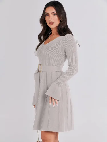 Vista 8 de ANRABESS Vestido tipo suéter de manga larga con cuello en V y lazo en la cintura, plisado, acampanado, elegante, de punto acanalado, vestido midi